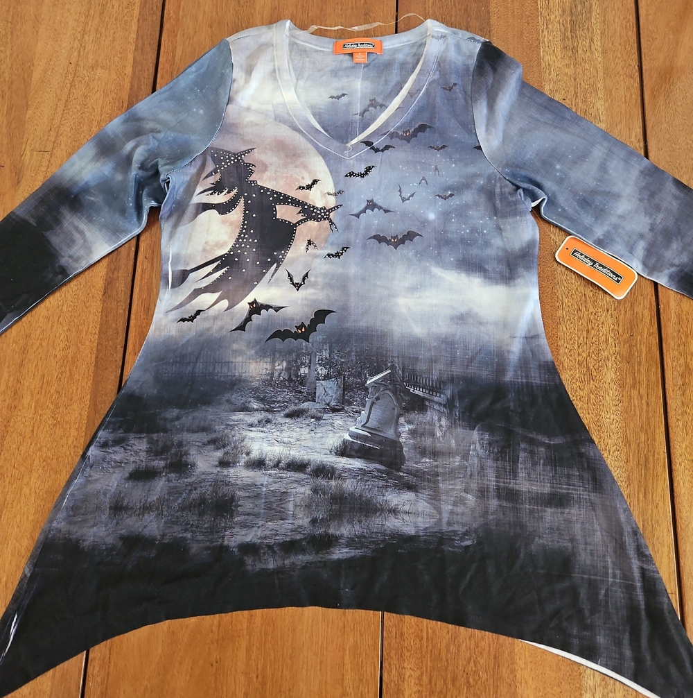 Holiday Traditions Long-Sleeve V-Neck Witch & Bats Graphic Top